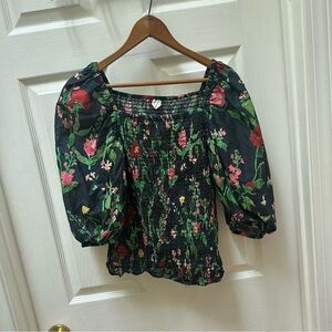 Arket Smocked Voile Blouse Floral Puff Sleeve Top cotton 36